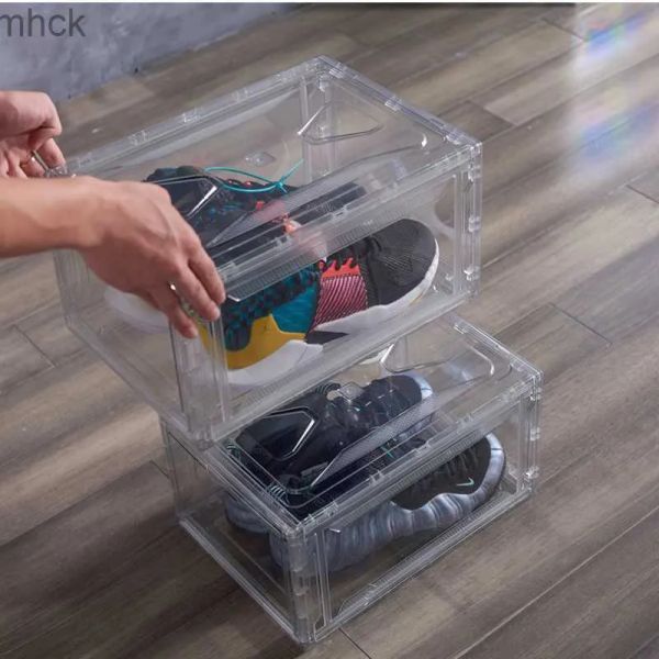 Scatole di stoccaggio bins Scatola per scarpe di moda aspirazione magnetica trasmissione ad alta luce da basket trasparente box sneaker ripieno di sneaker
