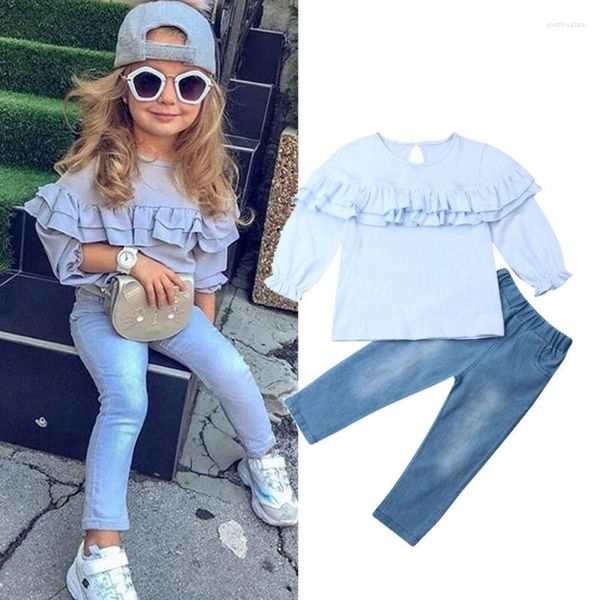 Roupas Conjuntos de roupas Baby Spring Autumn Boutique Kids Girl Manga Longa Ruffle Tops T-shirt bolso calça jeans Roupfits 1-6t