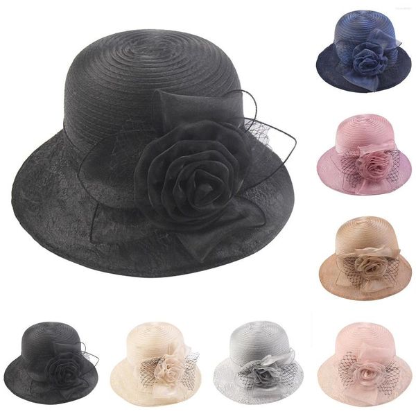 Cappelli a tesa larga Cappello da ballo di fine anno per donna Primavera Estate Cupola Scava Top Maglia Parasole Fiore Sole Design vintage Tappi tinta unita