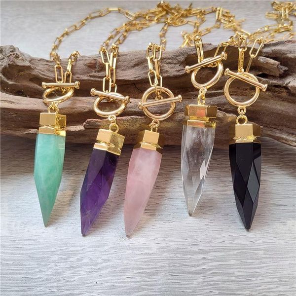 Ketten FUWO Natürliche Kristall Quarz Spike Halskette Kreative Stein Punkt OT Schnalle Vintage Kette Schmuck Für Frauen NC405 5 Teile/los