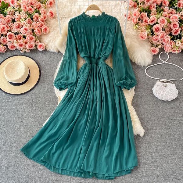 Casual Dresses Herbst Frauen Grün / Lila / Gelb Chiffon Langes Kleid Vintage Puffärmel Hohe Taille A-Line Party Maxi Vestidos Weiblich 2023