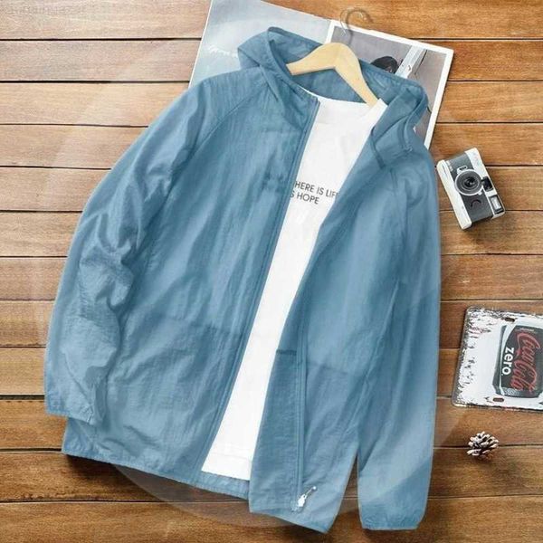Jaqueta masculina de verão com proteção solar fina leve de seda gelo pesca casaco com capuz