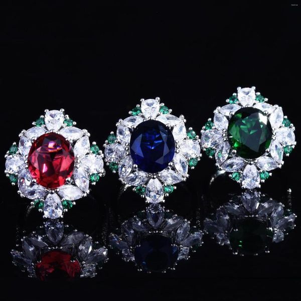 Ringos de cluster Luxo verde/azul/vermelho oval zircão de zircão ajustável para festas de casamento de casamentos de casamento acessórios para meninas para menina