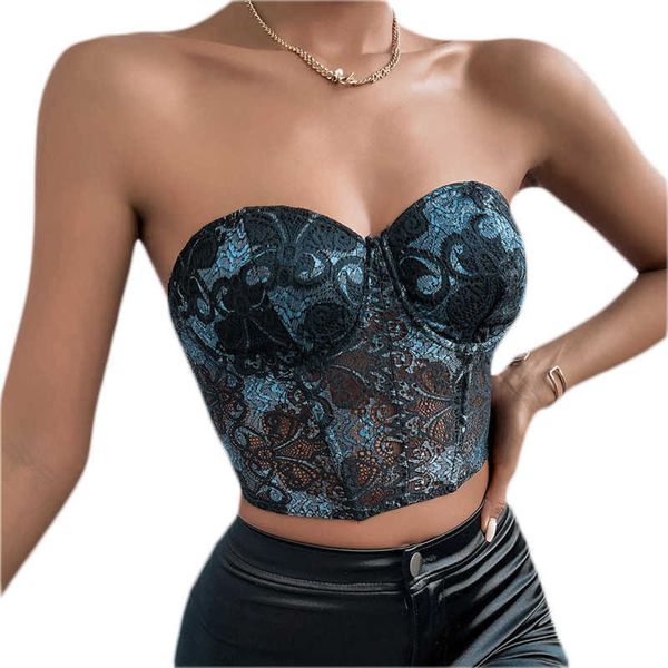 Serbatoi Camis Xingqing Reggiseno stretto 2022 Sexy Bandeau Pizzo Ricamo Senza spalline Trasparente Crop Pipe Canotta Estate da donna Club Wear P230526