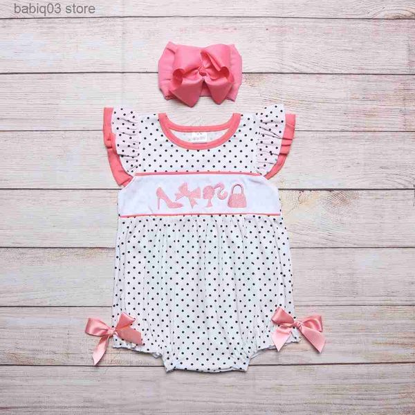 Strampler New Born Spots Strampler Babi Mädchen Kleidung Kosmetik Stickerei Bodysuit Outfit Ärmel Einteiler Shorts Rosa Schleife Overall für 0-3T T230529