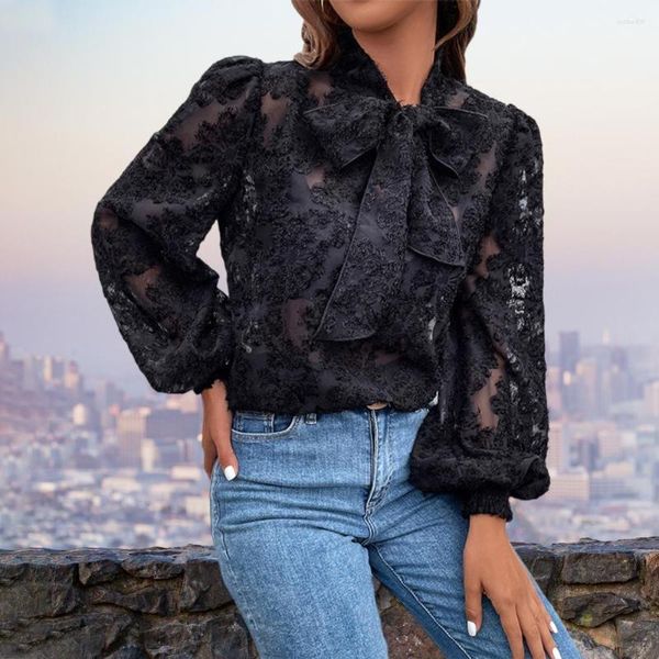 Kadın bluzları Kadınlar Bahar Top Düz Renk Boş Out Büyük Yay Knot Fener Kollu Yumuşak Kıyafet Göreve See-Through Pullover Gömlek