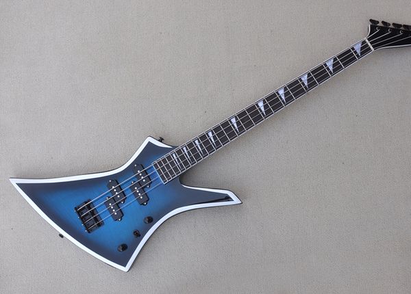 Blauer Korpus, 4-saitige E-Bassgitarre mit Palisandergriffbrett, schwarze Hardware, kann individuell angepasst werden.