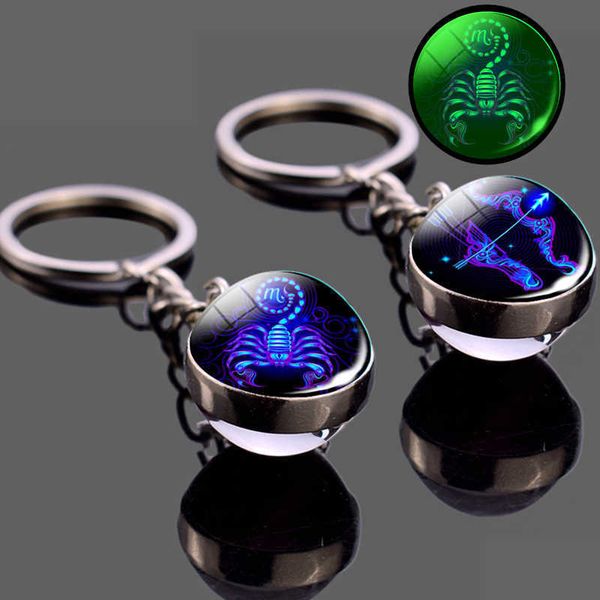Chave anéis redondos pingentes de vidro pingente luminoso zodíaco com fluorescente 12 constelação Chain Chain Key Ring Men's Birthday Gift G230526