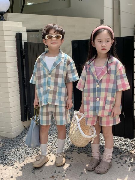 Kleidung Sets Kinder Karierten Anzug 2023 Sommer Koreanische Jungen Mädchen Kurzarm Hemd Shorts Zwei Stück Set Kinder Kleidung Bruder schwester