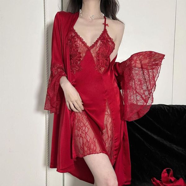 Женская одежда для сна Летняя женская ночная набор сексуальное лоскутное кружевное кружевное ночная рубашка повседневное шелковое атласный платье дома