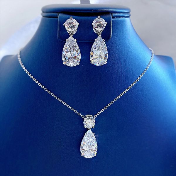 Su Damlası Moissanite Elmas Takı Seti 925 STERLING Silver Party Düğün Küpe Kadınlar İçin Kolye Gelin Vaat Takı Mücevherat