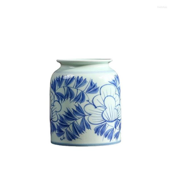Vasen, handbemalt, blau und weiß, Porzellanvase, Keramik, Retro-Glas, gerade, breite Öffnung, mittelalter, neochinesischer Stil
