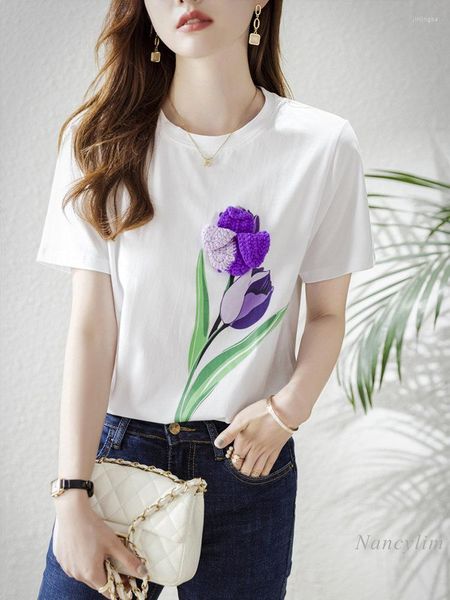 Damen T-Shirts 2023 Sommer dreidimensionale Tulpe Blume Baumwolle T-Shirt für Frauen weiße Kurzarm T-Shirts koreanischen Stil lose schwarze Top