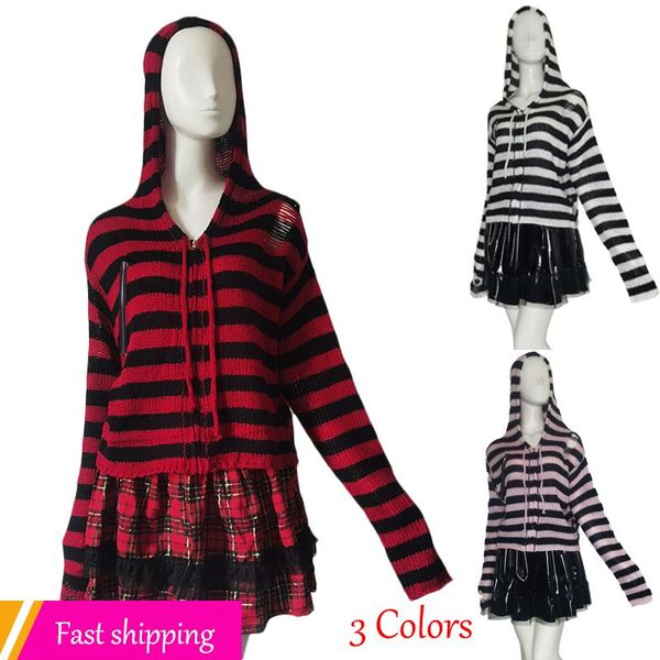 Damenpullover Y2K Girl Zipper Hollow Out Gothic Lady Gestreifte Strickjacke Kurzer Kapuzenpullover Herbst Langarm Schwarz Rot Strickoberteil