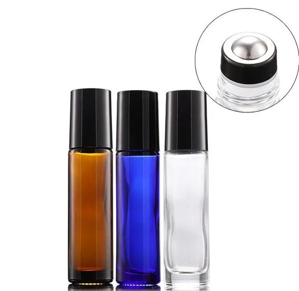 Rolo de vidro de 10 ml de atacado em garrafas âmbar azul transparente em garrafas de perfume de bola vazia com tampas pretas frete grátis 1000pcs