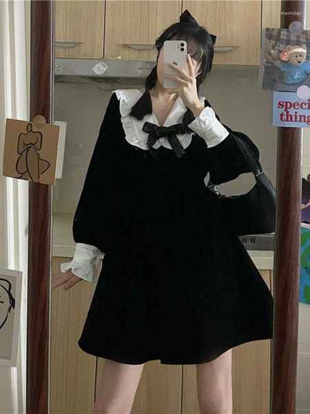 Lässige Kleider Mini Schwarz Goth Vintage Lolita Outfits Süße Streetwear Kawaii Schleife Kleid Frauen Japanischer Preppy Style Langarm