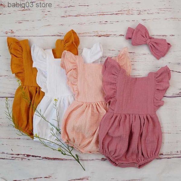 Strampler Heißer Verkauf Bio-Baumwolle Säuglingsspielanzug Neue Sommer Doppel Gaze Neugeborenes Baby Mädchen Kleidung Overall Rüschen Blume Kleinkind Outfits T230529