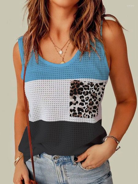 Damen-Tanks, lässig, Sommer-Tanktop, Farbblock, Basic, ärmellose Hemden, lockere Tunika-Oberteile mit Taschen, Leopardenmuster, Patchwork, 2023