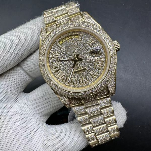 Orologio da polso ghiacciato 41mm cassa in oro con diamanti pieni diamanti quadrante romano 2813 orologio da uomo automatico