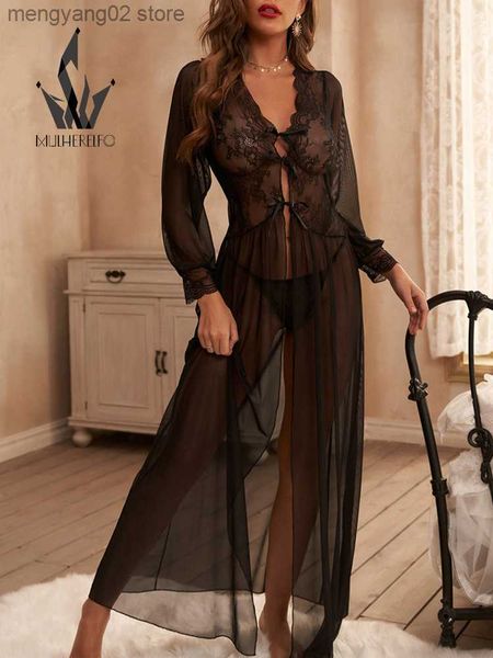 Sexy Pyjamas Sexy Schwarz Langarm Nachthemden Frauen Nachtwäsche Versuchung Durchsichtige Stickerei Patchwork Nachtwäsche Weibliche Lange Schlaf Kleid T230529