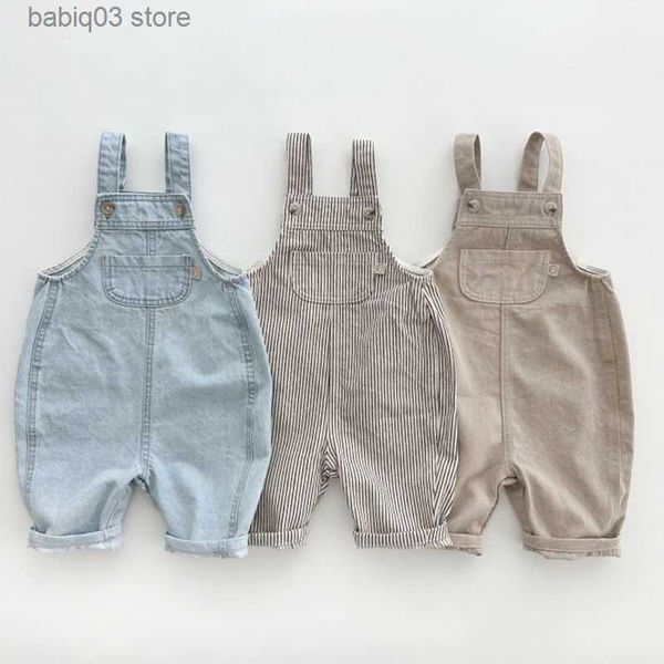Yeni moda erkek tulumları unisex çocuklar erkek ve kızlar denim tulumlar basit çizgili cep bebek kot tulum çocukları pantolon t230529