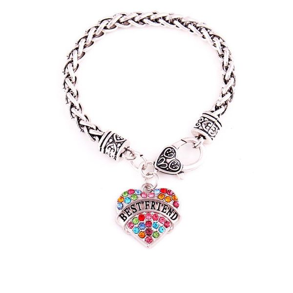 Braccialetti con ciondoli Bracciale cuore per donna Regalo speciale BFF Cristalli colorati AMICO Goccia catena a maglie di grano scritta