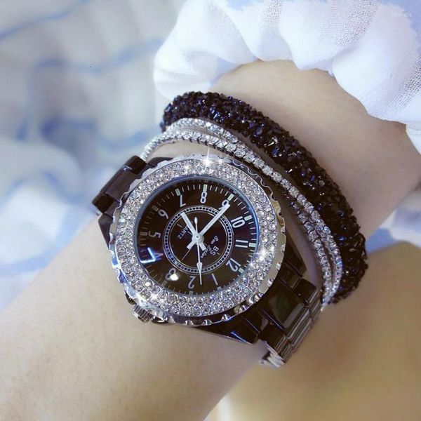 Relógios Crystal Women Women Women Women Feminino Brand Brand Diamond Wristwatch para Ladies Rhinestone Classic Imitation Ceramic Clock