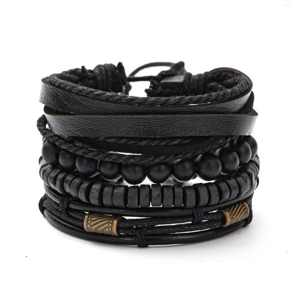 Bracelets de charme Vintage Black Beads Link Link Handmade Men Leather Women Bangle Jóia Male Acessorie