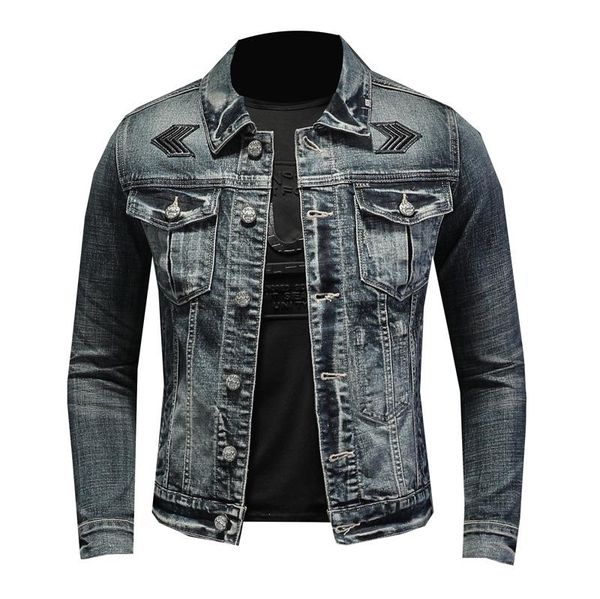 Herren Jacken Motorrad Denim Jacke Abzeichen Patch Desgin Blau Stretch Baumwolle Slim Jean Biker Männer Frühling Herbst Oberbekleidung Mantel