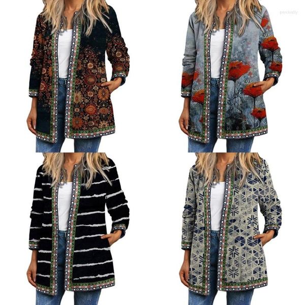 Giacche da donna Autunno Inverno 2023 Cardigan Tunica da donna a maniche lunghe con stampa floreale etnica vintage da donna Capispalla allentato Chic Top Coat