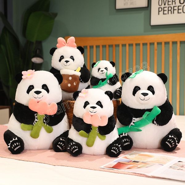 22/32CM Cartoon Plüschtier Panda Halten Blase Tasse Blumen Bambus Puppen Schöne Panda Bär Kissen Spielzeug Gefüllte weiche Spielzeug für Baby