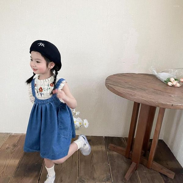 Kleidung Sets Kinder Kleidung Mädchen Overalls 2023 Sommer Rock Mode Denim Stickerei Blume Tops Kurzarm Oansatz Ärmellos