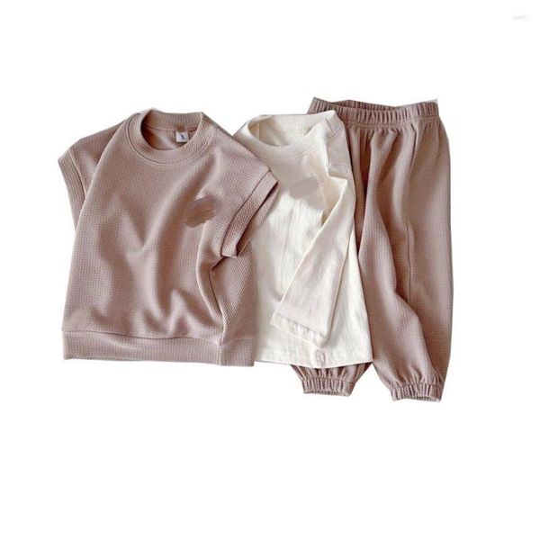 Set di abbigliamento 2023 3 pezzi Set di vestiti per bambini Toddler Boy Girl Corea Tuta manica lunga T-shirt Gilet Pantaloni Abiti Primavera