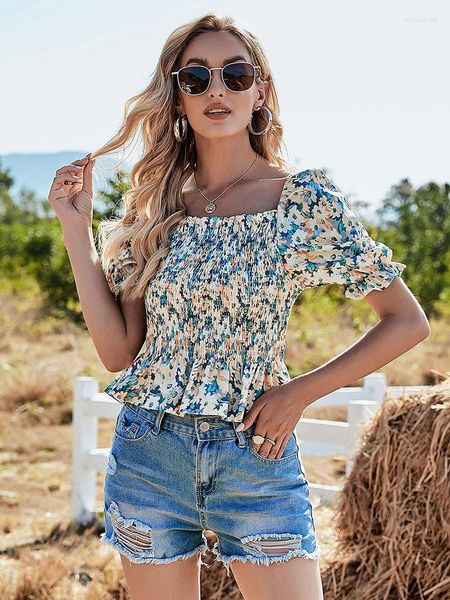 Damenblusen, sexy florales elastisches Hemd, Damen-Sommer-Quadrat-Kragen, modische Kurzarm-Shirts für Frauen 2023, lässige Falten, schlanke Tops, Femme