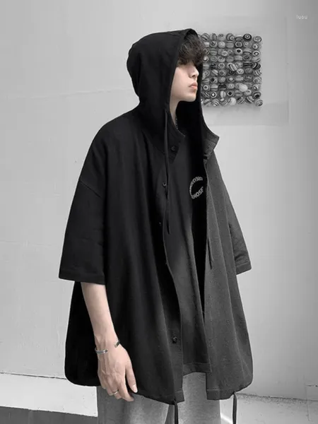 Männer Casual Hemden Japan Mit Kapuze Eis Seide Kurzarm Top Männer Frauen Sommer Liebhaber Trend Bluse Hip Hop Harajuku oversize Jacke