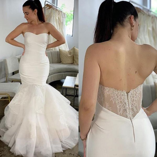 2023 Abiti da sposa a sirena in raso senza spalline con applicazioni Abiti da sposa da sposa con scollo a cuore e scollo a cuore in tulle