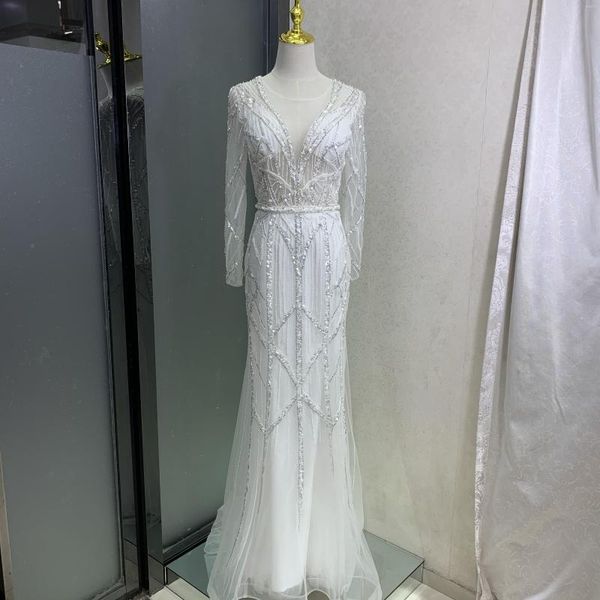 Abiti da festa Abiti da sera a trapezio bianchi musulmani 2023 Lusso in rilievo per donna Cerimonia elegante da sposa Prom Plus Size