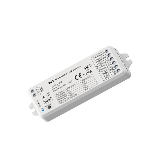 RF 5 IN1 Controlador LED WB5 Controle de voz compatível com Bluetooth Controle de Voz RGB, RGBW, RGB+CCT, Temperatura de Cor ou LEDs