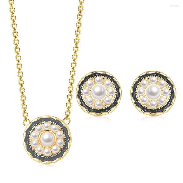 Orecchini collana set fascino vintage estetico per le donne oro giallo colore imitazione orecchino di perla regalo di Natale gioielli gioielli S540-1