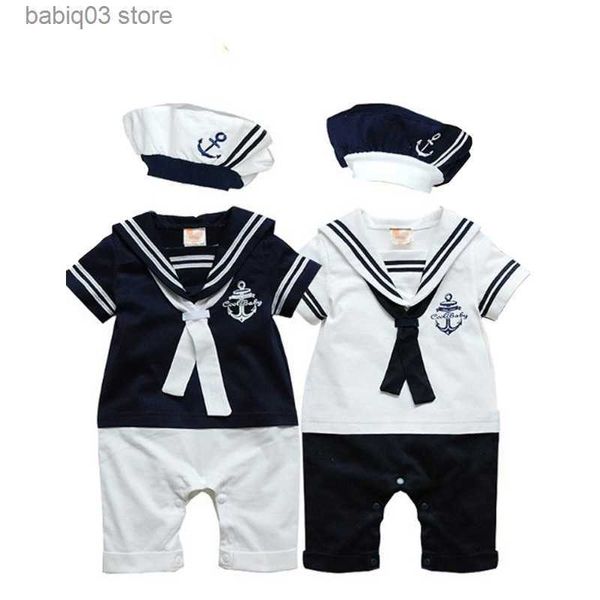 Strampler Baby Navy Strampler Sommer Neugeborene Kinder Jungen Mädchen Sailor Overall Hut 2 Stücke Körper Kurzarm Anker Gedruckt Anzug T230529