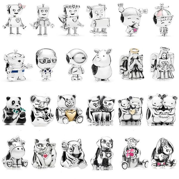 925 sterline d'argento nuova moda fascino perline rotonde originali, robot panda animale simpatico personalizzato appeso perline accessori fai da te perline, compatibile braccialetto pandora, perline