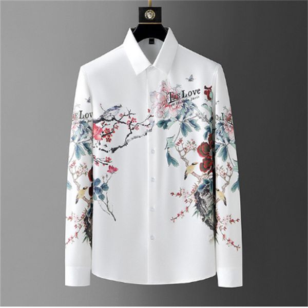 Camisa masculina com estampa de flores personalizada europeia e americana 2023 moda primavera casual resistente a rugas camisa de manga comprida masculina S-5XL