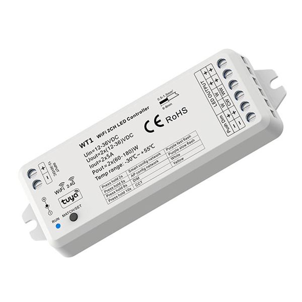 12-36VDC 2CH*5A WiFi RF LED Controller WT1 Tuya App Led Dimmer Smart 2.4g sem fio remoto push switch de escurecimento ww cw cct