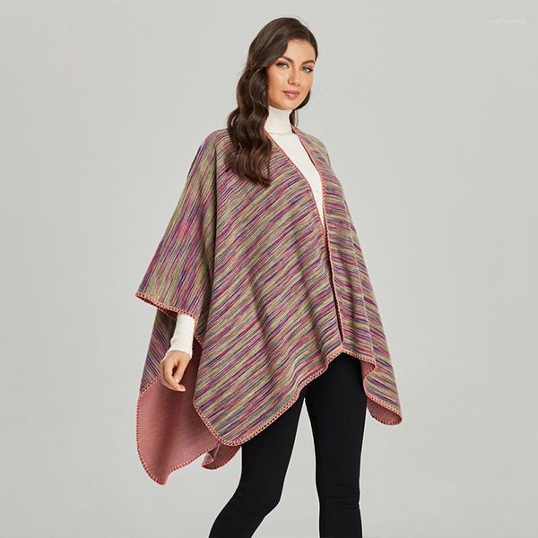 Sciarpe Imitazione Cashmere Donna Stampa a righe Vintage Poncho Sciarpa spaccata Inverno Caldo Scialle Avvolgente Coperta spessa casual lavorata a maglia femminile