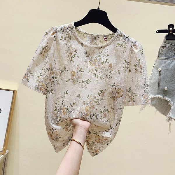 Blusas femininas bordando renda de chiffon de mangas curtas de verão estilo top shirts moda 2023 roupas vintage para mulheres pano feminino