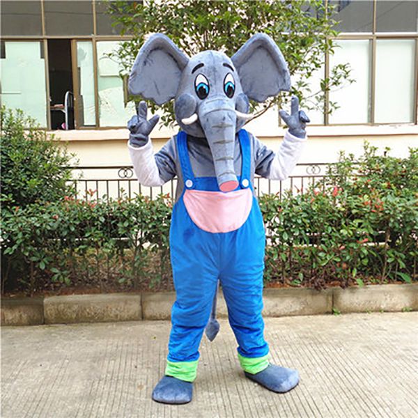 Halloween tamanho adulto elefante cinza mascote de elefante mascotte elephish com calças azuis de nariz branco de marfim branco comprido