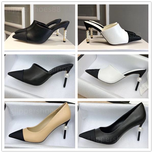 Tasarımcı Katırlar Kadın Topuklu Pompa Ayakkabı İnci Topuklu Yüksek Topuk Katır Pompalar Gerçek Deri Kapa Toe Slingback Bej Bej Siyah Beyaz Akşam Partisi Elbise Ayakkabı