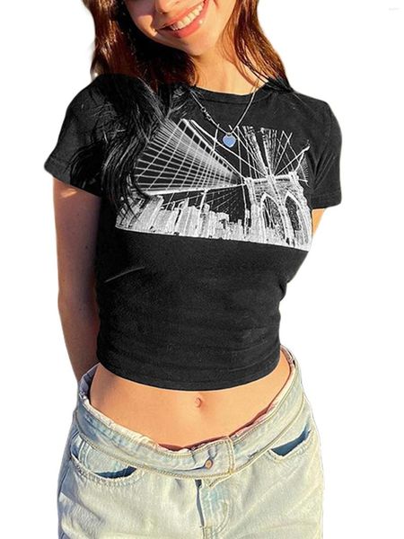 Débardeurs pour femmes T-shirts à manches courtes pour femmes E Girls Y2K Bodycon Cropped Tee Fashion Col rond Slim Fit Tank Casual Crop Tops