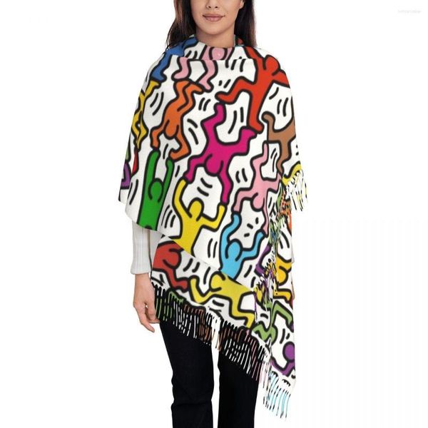 Шарфы геометрические абстрактные граффити картины искусство кисточка шарф женщин мягкие харинг красочные акробаты платки окутают дамы зимы
