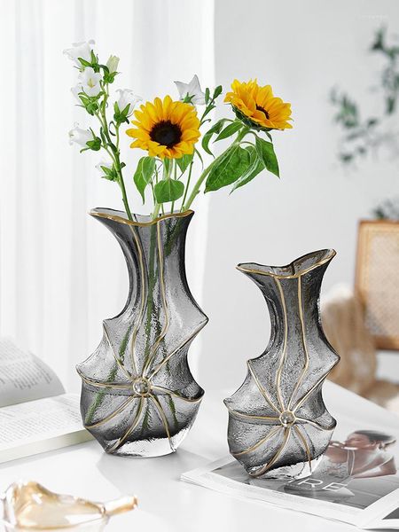 Vazo retro kıdemli ışık lüks izleme altın yaratıcı cam şeffaf su yükseltilmiş çiçekler gül oturma odası masası dekorasyon